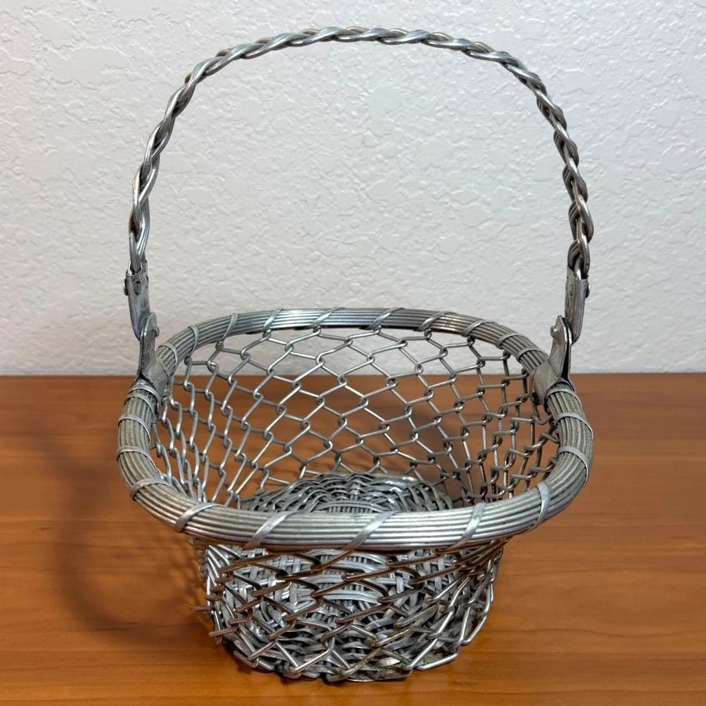 Handmade Vintage Aluminum Woven Wire Basket with Braided Handle Silver Tone Met